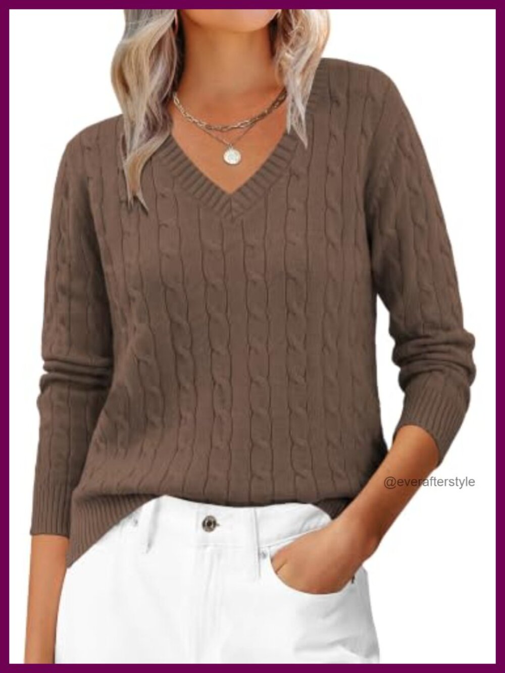 Women's Cable Knit V Neck Slim Fit Sweater Pullover